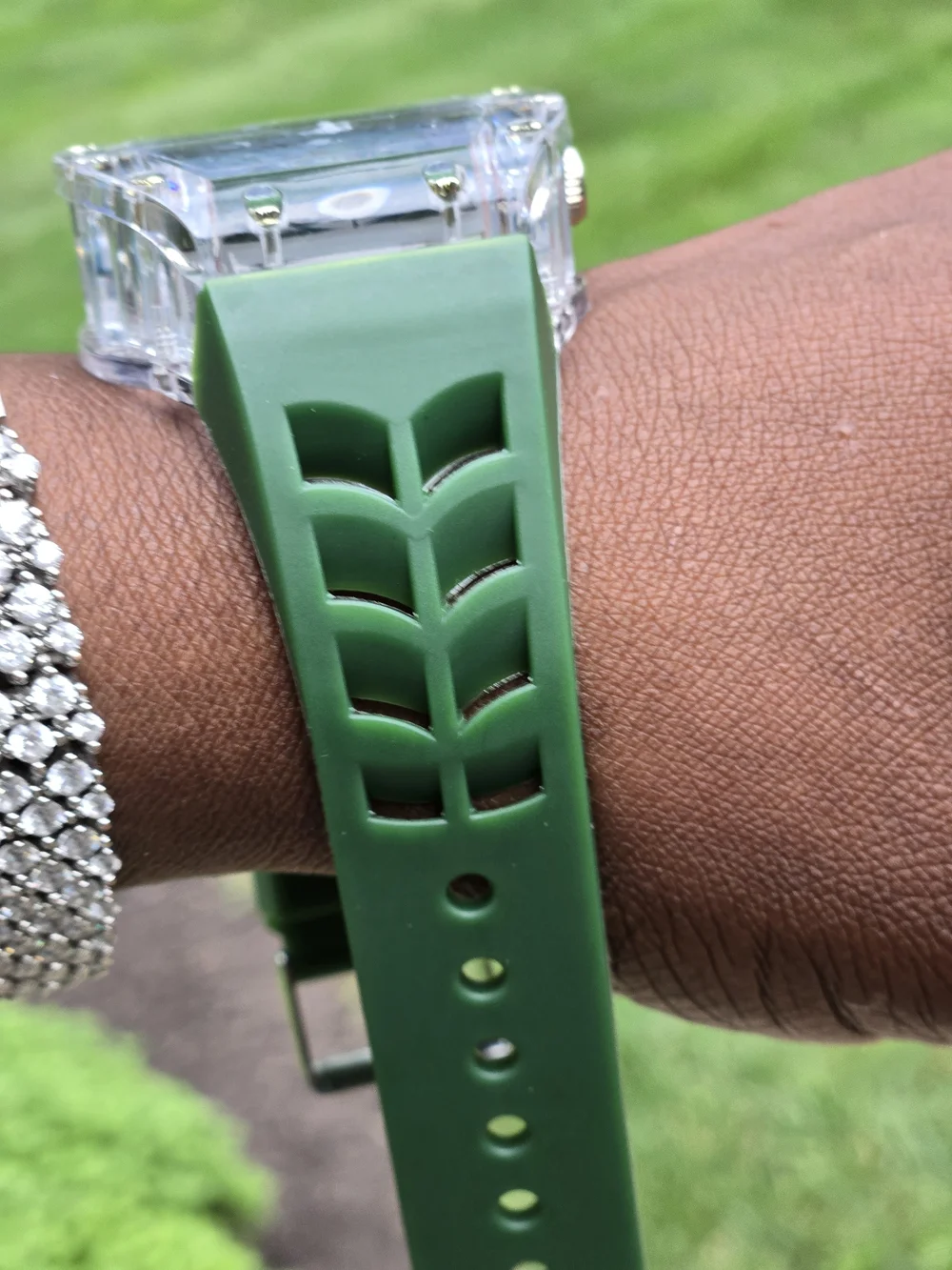 Clear Case Green Dial Mechanical-Style Watch with Gold Accents